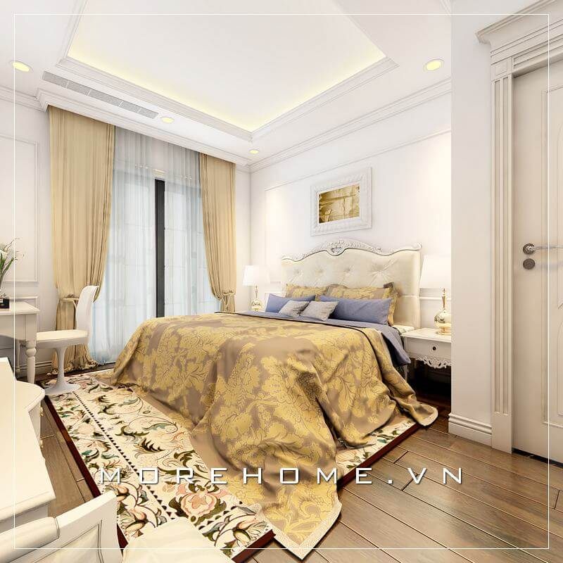 Giường ngủ chung cư được làm từ chất liệu gỗ tự nhiên phun sơn trắng, luôn mang đến vẻ đẹp tinh khiết và hài hòa cho không gian phòng ngủ sang trọng, tiện nghi